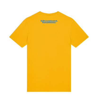 Student of the Year unisex t-shirt in Spectra Yellow, back: Self-nominated. #Unanimous.