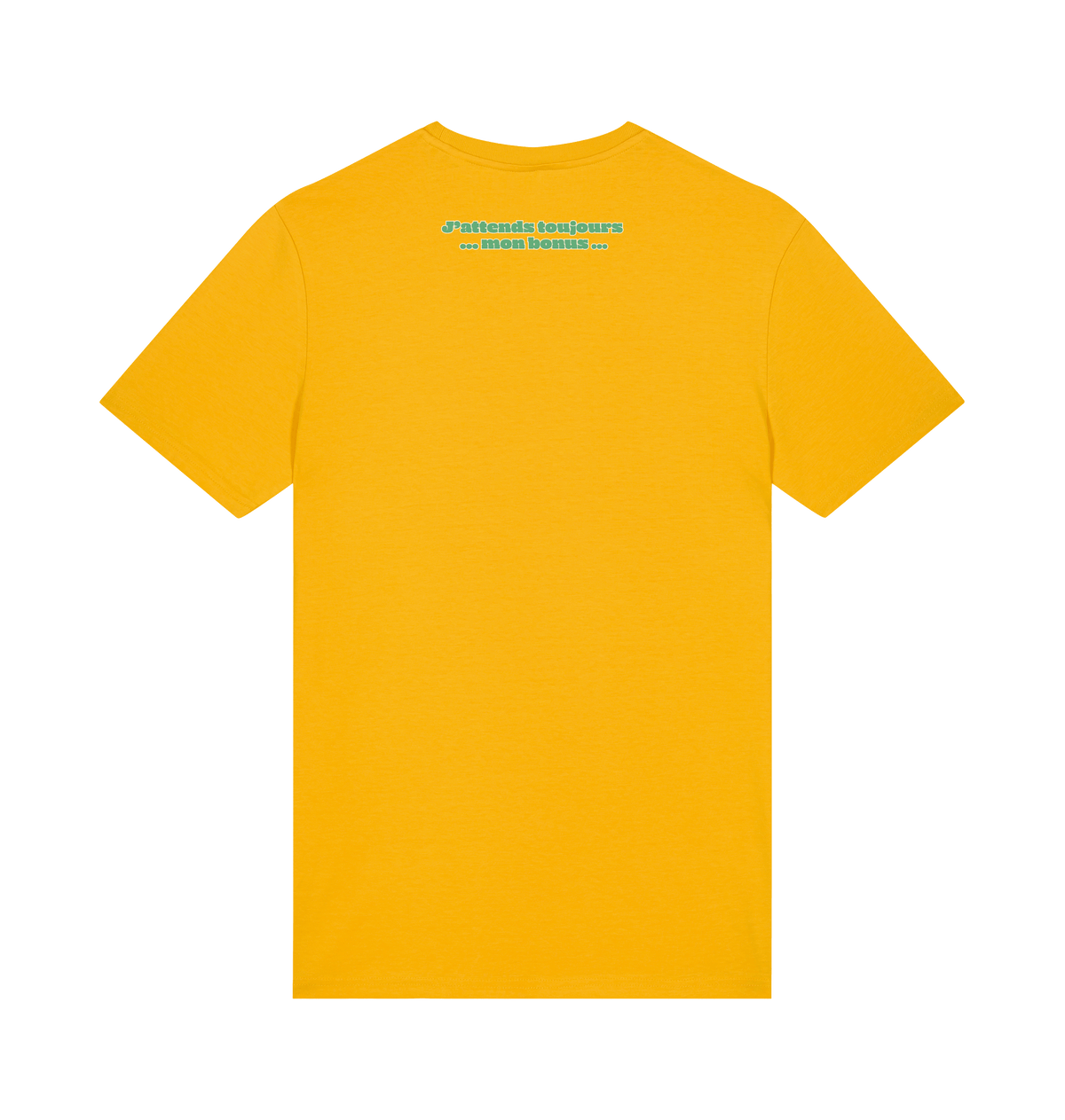 “Employé du mois” T-shirt, Spectra Yellow, achterkant: “J'attends toujours mon bonus”