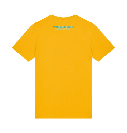 “Employé du mois” T-shirt, Spectra Yellow, achterkant: “J'attends toujours mon bonus”