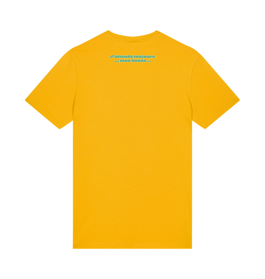 “Employé du mois” T-shirt, Spectra Yellow, achterkant: “J'attends toujours mon bonus”