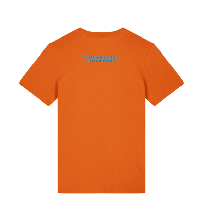 Student of the Year unisex t-shirt in Bright Orange, back: Self-nominated. #Unanimous.