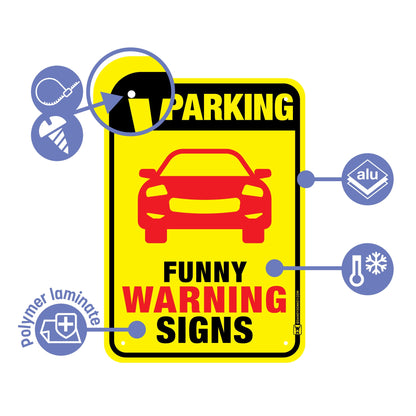 Yellow no parking sign description: aluminium, polymer laminate, rounded corners, 4 holes for easy mounting, weather-resistant. 