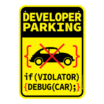 Humorous software developer no parking sign with car icon and code syntax