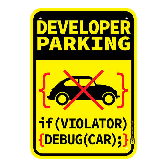 Humorous software developer no parking sign with car icon and code syntax