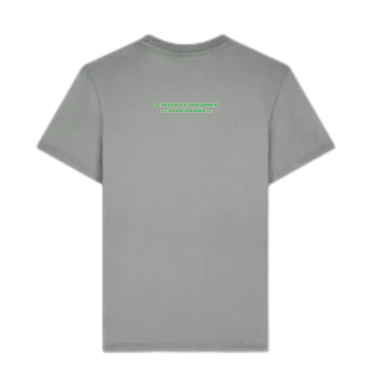 “Employé du mois” T-shirt, Garment Dyed Misty Grey, achterkant: “J'attends toujours mon bonus”