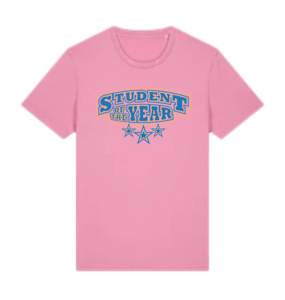 Student of the Year unisex t-shirt in Garment Dyed Bubble Pink, front